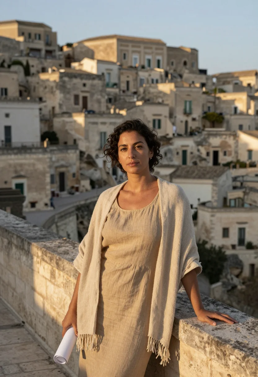 AI matera architect tufa cave sample — portrait of a woman, in her early forties with honey skin, b