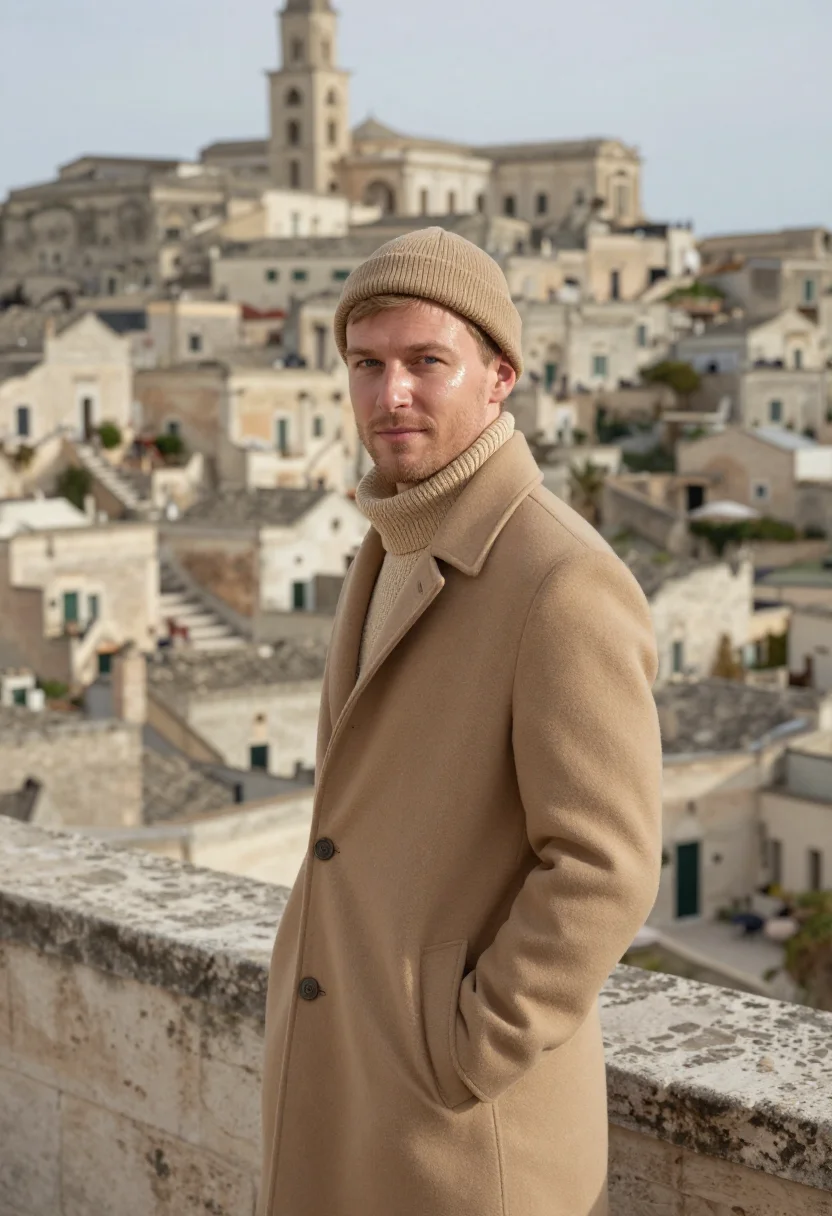 AI matera sassi january tufa sample — portrait of a man, framed chest-up with the crop at the ribs
