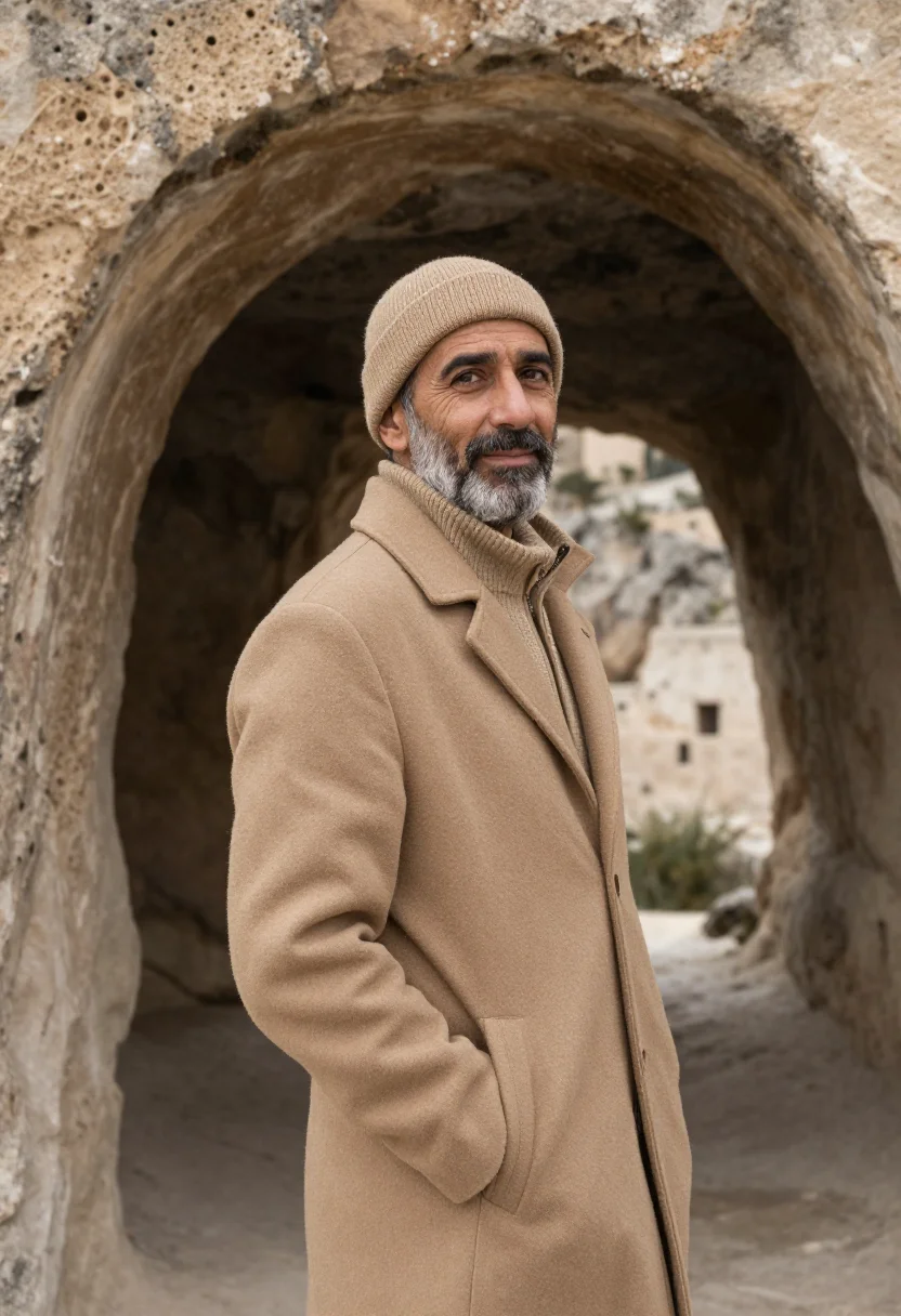 AI matera sassi january tufa sample — portrait of a man, framed half-length from the crown to the