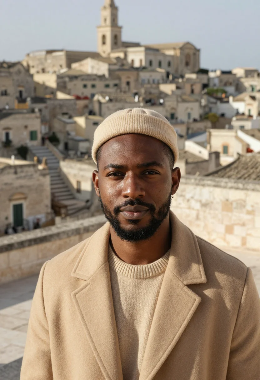 AI matera sassi january tufa sample — portrait of a man, framed tight, head and shoulders, the bod