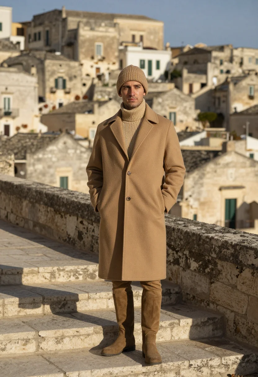 AI matera sassi january tufa sample — portrait of a man, framed full-length from the crown to the