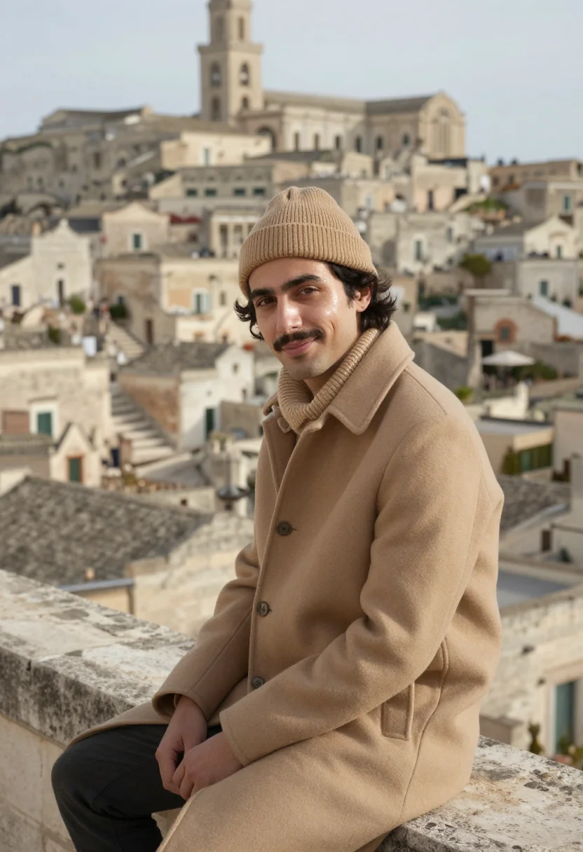AI matera sassi january tufa sample — portrait of a man, framed half-length from the crown to the