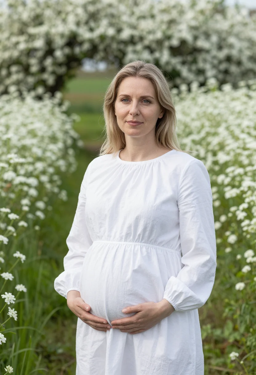 AI maternity spring meadow white sample — portrait of a woman, an expectant mother in her thirties wit