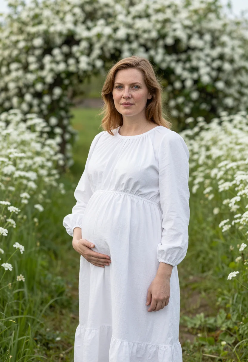 AI maternity spring meadow white sample — portrait of a woman, an expectant mother in her mid-thirties