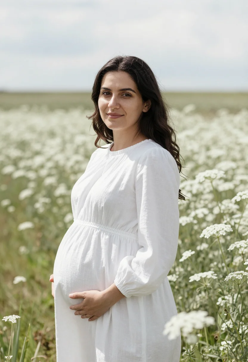 AI maternity spring meadow white sample — portrait of a woman, an expectant mother in her late twentie