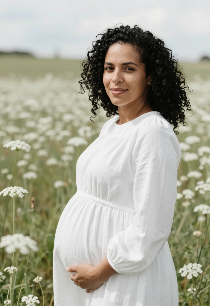 AI maternity spring meadow white sample — portrait of a woman, an expectant mother in her thirties wit