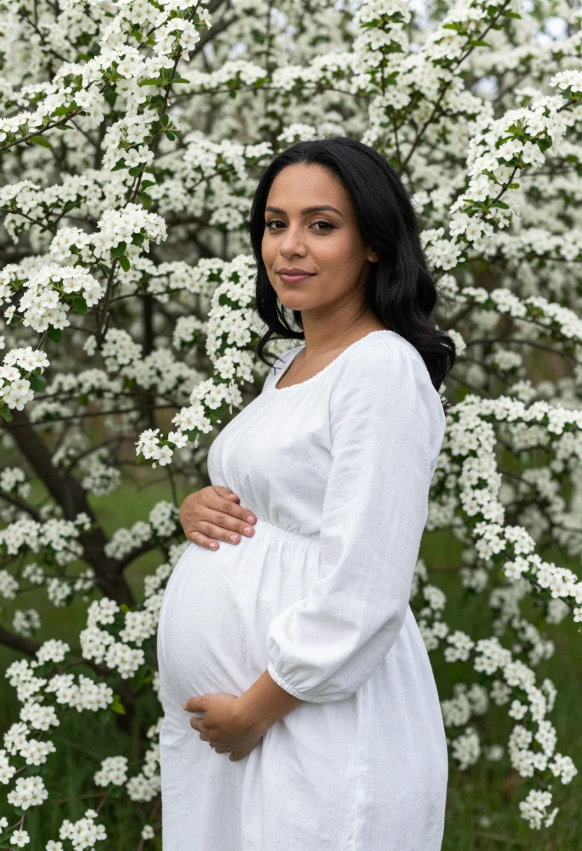 AI maternity spring meadow white sample — portrait of a woman, an expectant mother in her late twentie