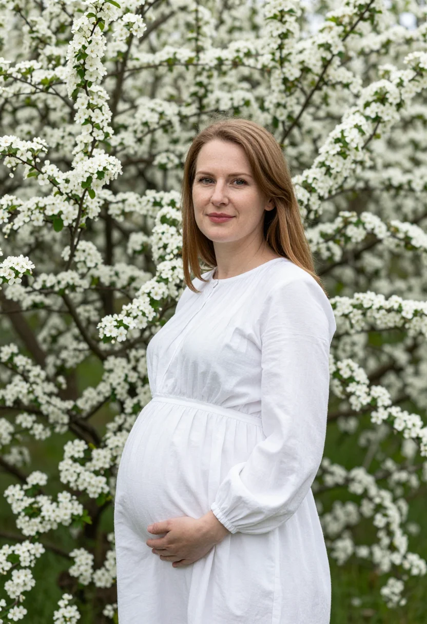AI maternity spring meadow white sample — portrait of a woman, an expectant mother in her mid-thirties