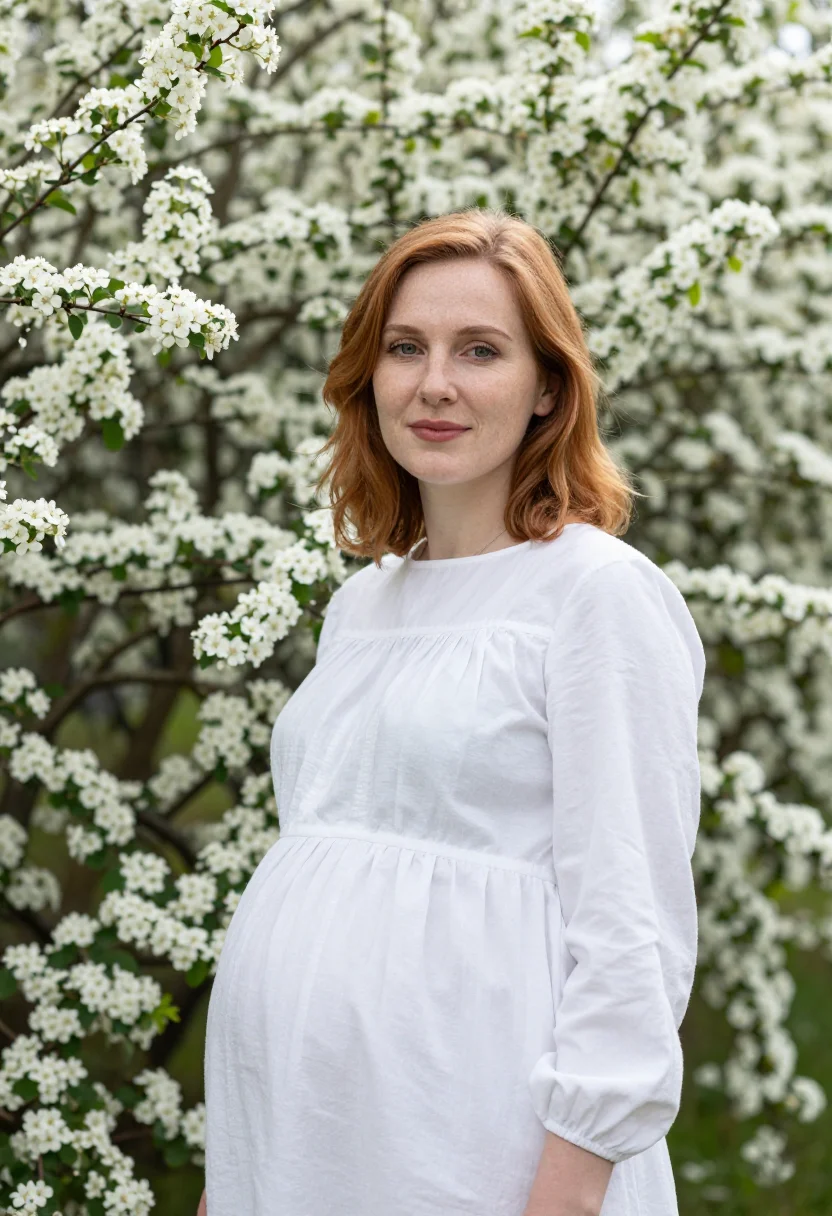 AI maternity spring meadow white sample — portrait of a woman, an expectant mother in her early thirti