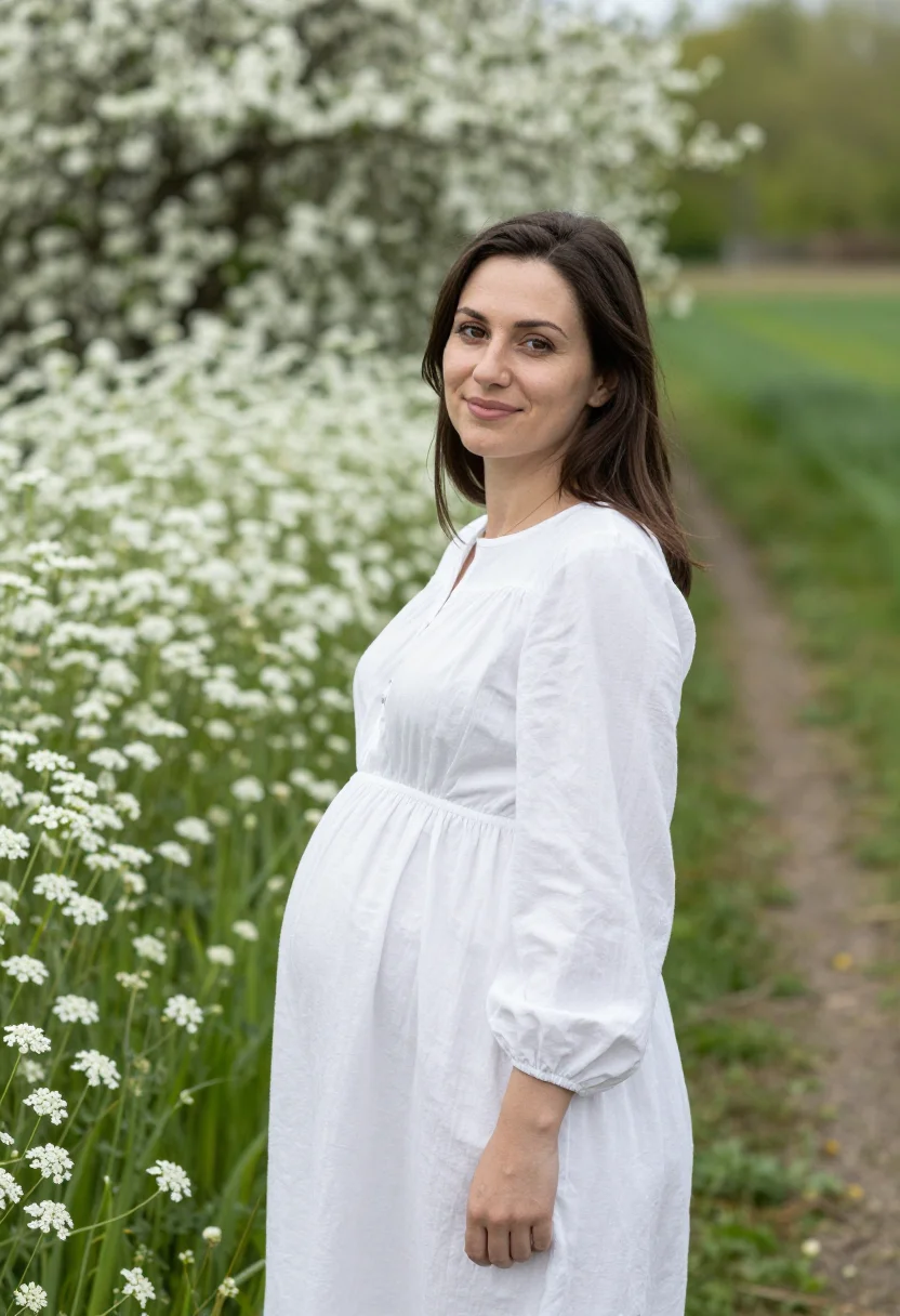 AI maternity spring meadow white sample — portrait of a woman, an expectant mother in her early thirti