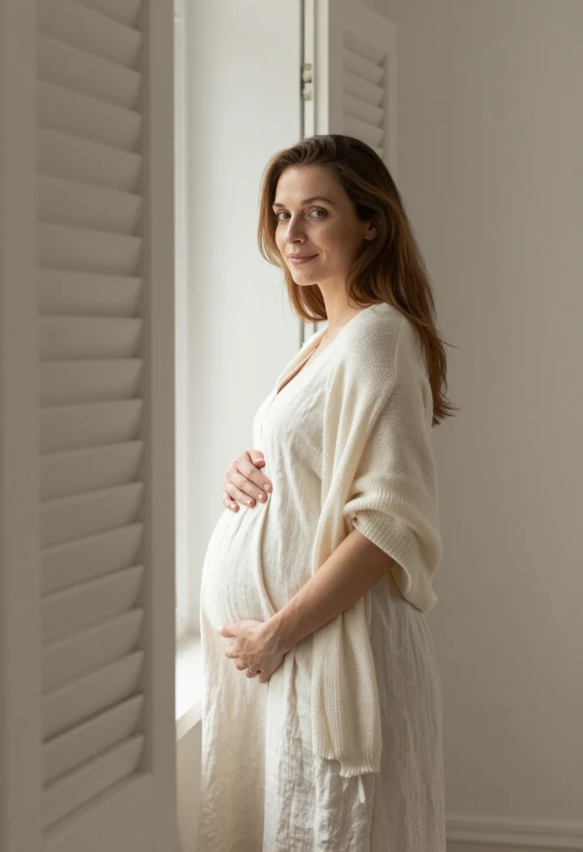 AI maternity window ivory sample — portrait of a woman, framed chest-up from the ribs, the body