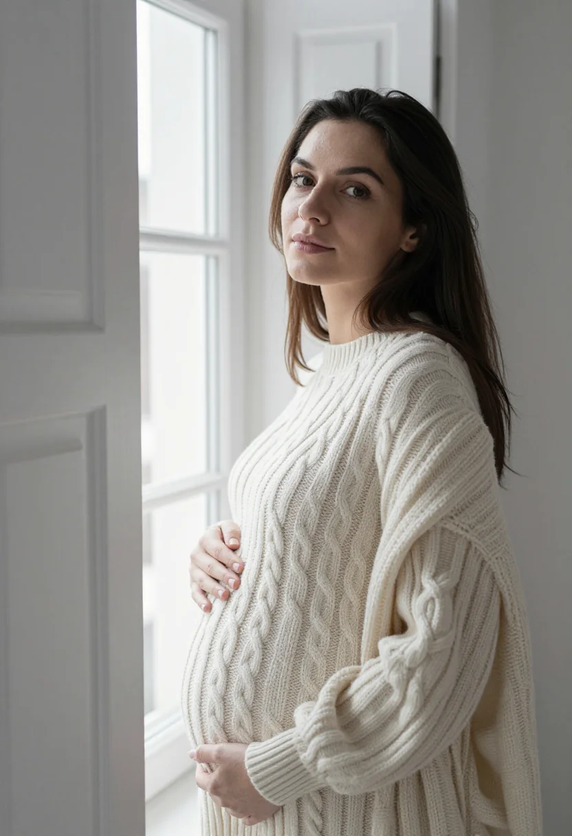 AI maternity window ivory sample — portrait of a woman, framed chest-up from the ribs, the body