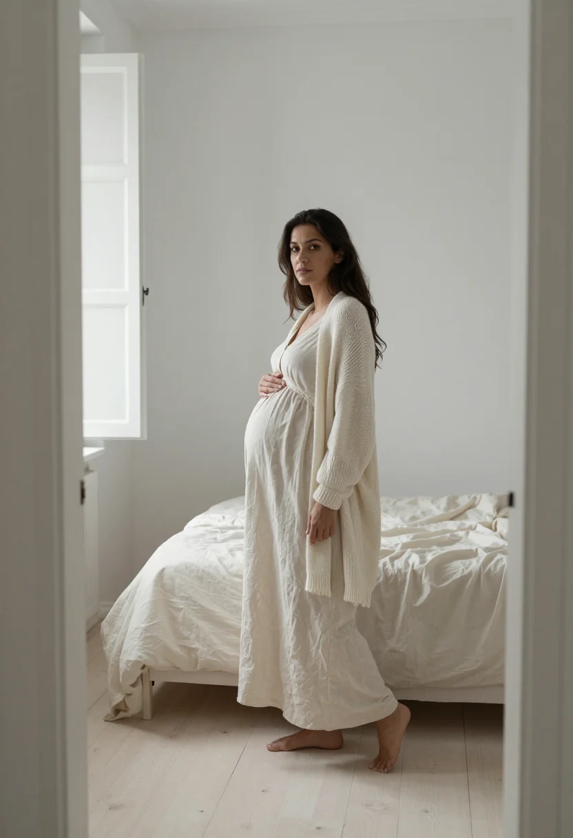 AI maternity window ivory sample — portrait of a woman, framed wide and full-length from the do