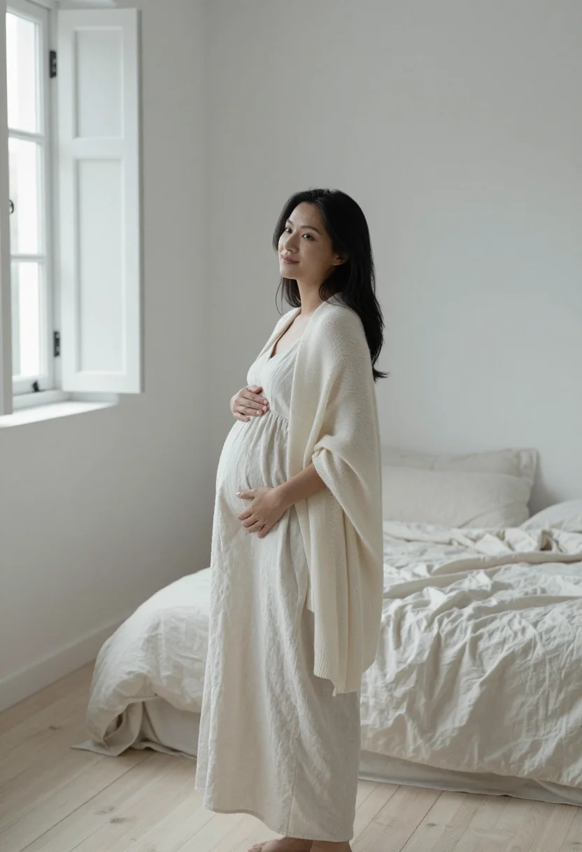 AI maternity window ivory sample — portrait of a woman, framed chest-up from the ribs, the body