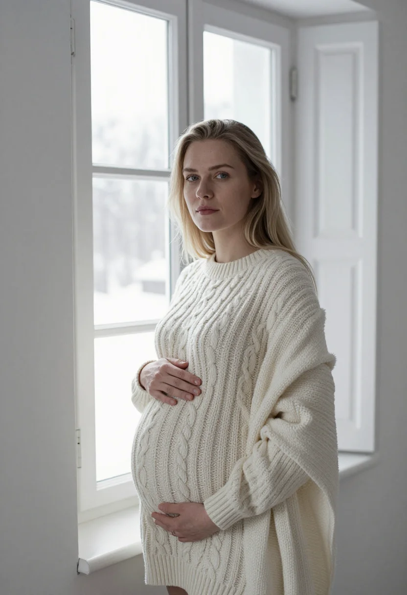 AI maternity window ivory sample — portrait of a woman, framed half-length from the hips up bef