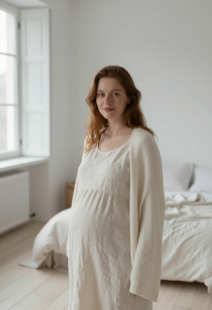 AI maternity window ivory sample — portrait of a woman, framed tight, head and shoulders, the b