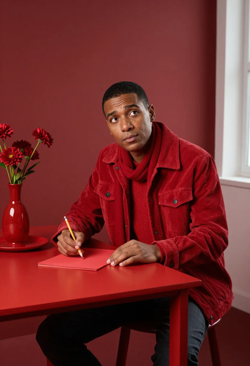 AI matisse red sample — portrait of a man, a man in his forties with warm brown skin