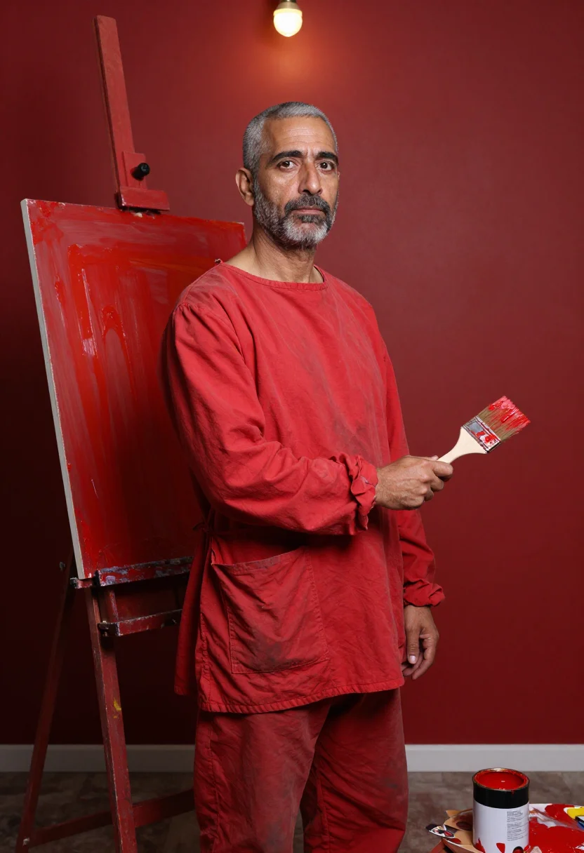 AI matisse red sample — portrait of a man, a man in his fifties with warm olive skin