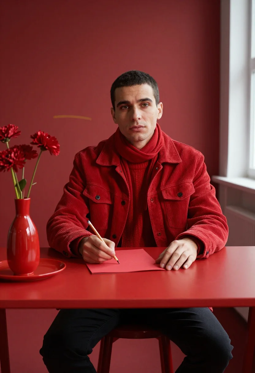 AI matisse red sample — portrait of a man, a man in his early thirties with warm ivo