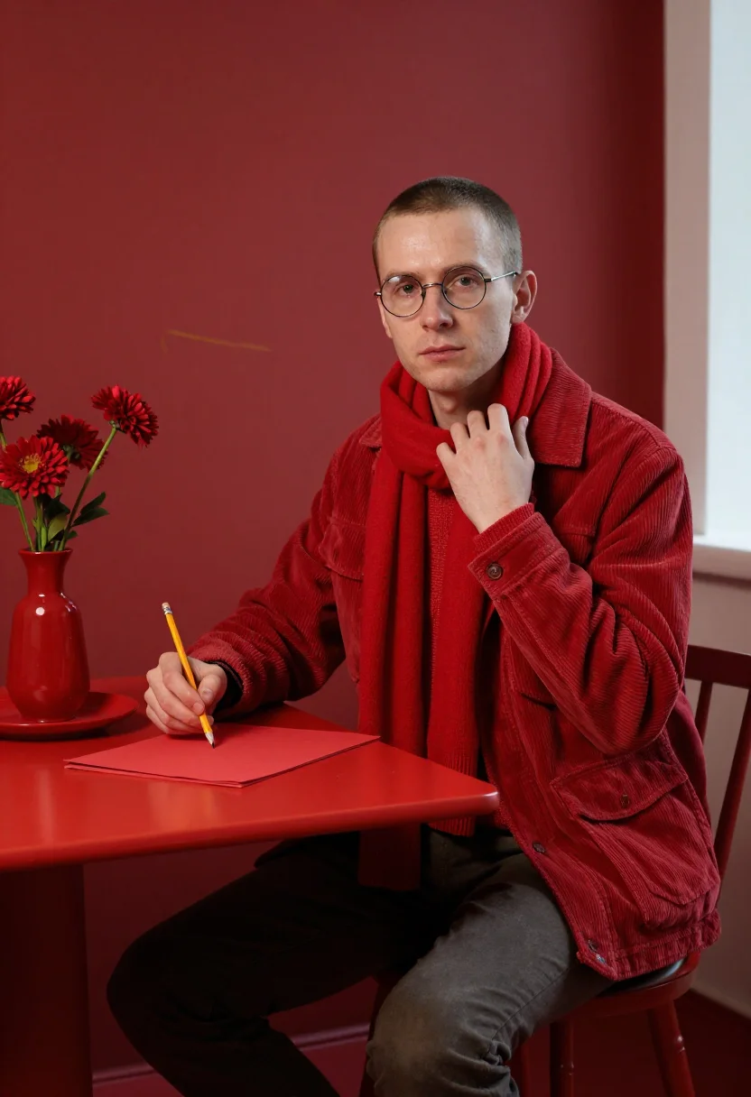 AI matisse red sample — portrait of a man, a man in his mid-thirties with fair skin,