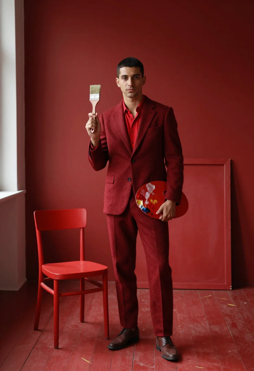 AI matisse red sample — portrait of a man, a man in his late twenties with warm oliv