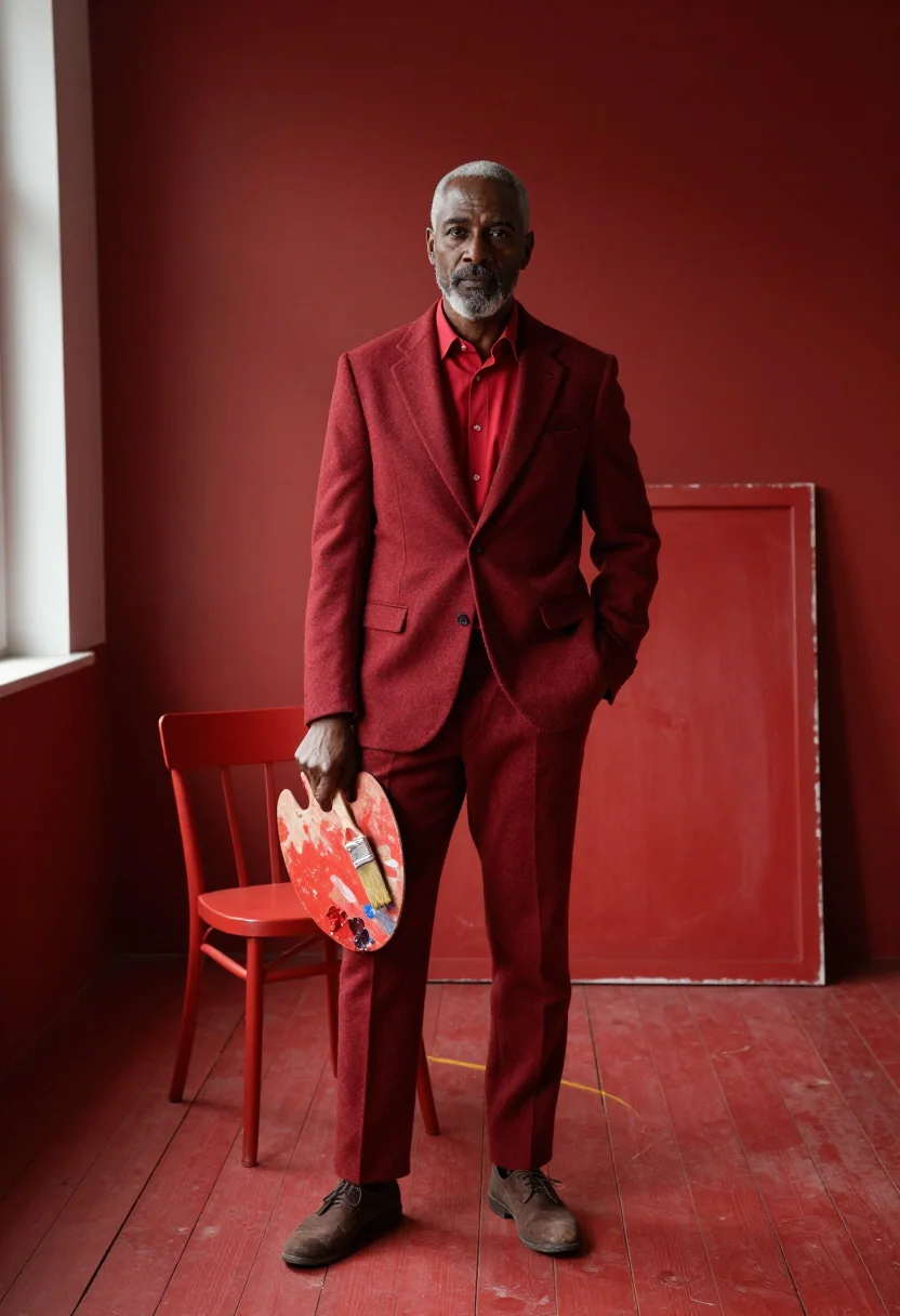 AI matisse red sample — portrait of a man, a man in his fifties with deep brown skin