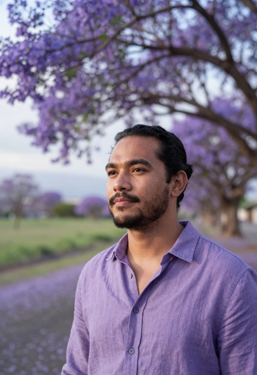 AI maui upcountry jacaranda may violet sample — portrait of a man, a Portuguese-Hawaiian traveller in his mi