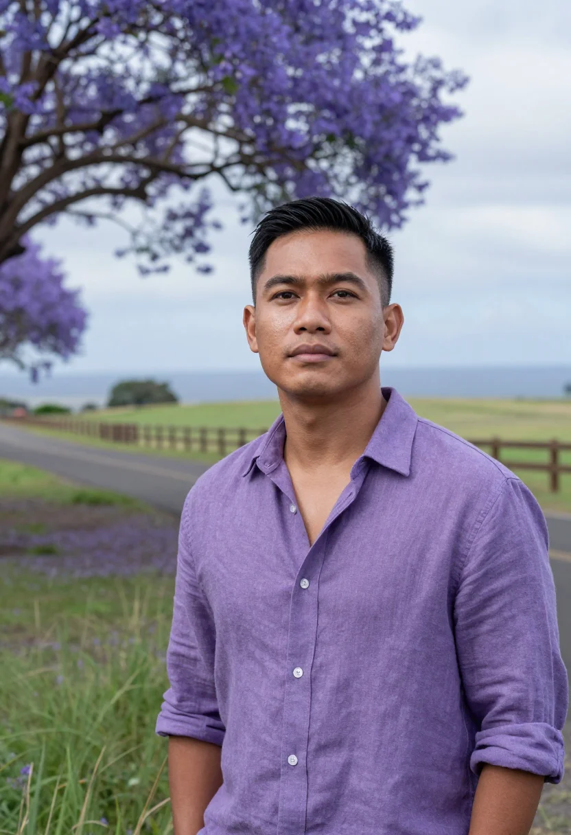 AI maui upcountry jacaranda may violet sample — portrait of a man, a Filipino-Hawaiian traveller in his earl