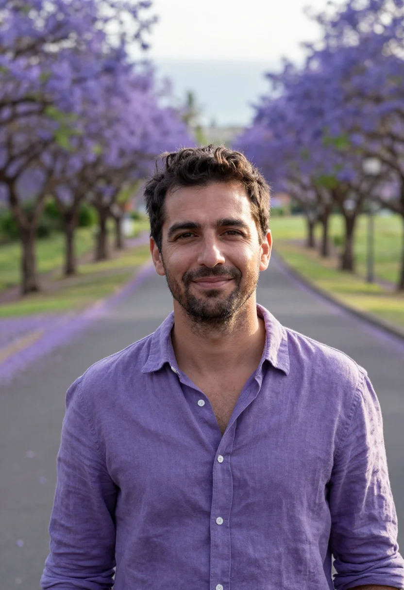 AI maui upcountry jacaranda may violet sample — portrait of a man, a French traveller in his late thirties w