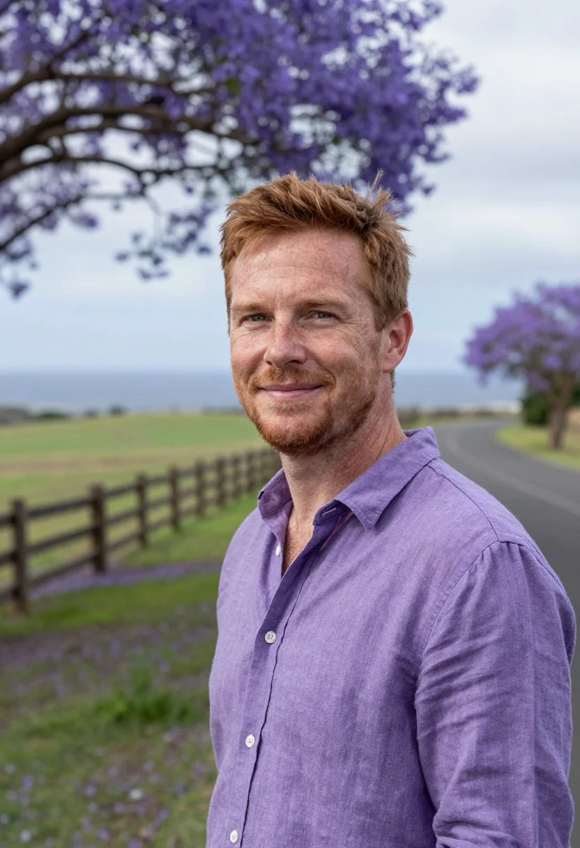 AI maui upcountry jacaranda may violet sample — portrait of a man, an Irish-American traveller in his early