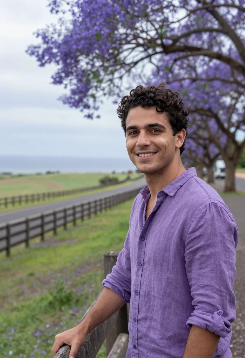 AI maui upcountry jacaranda may violet sample — portrait of a man, an Italian traveller in his late twenties