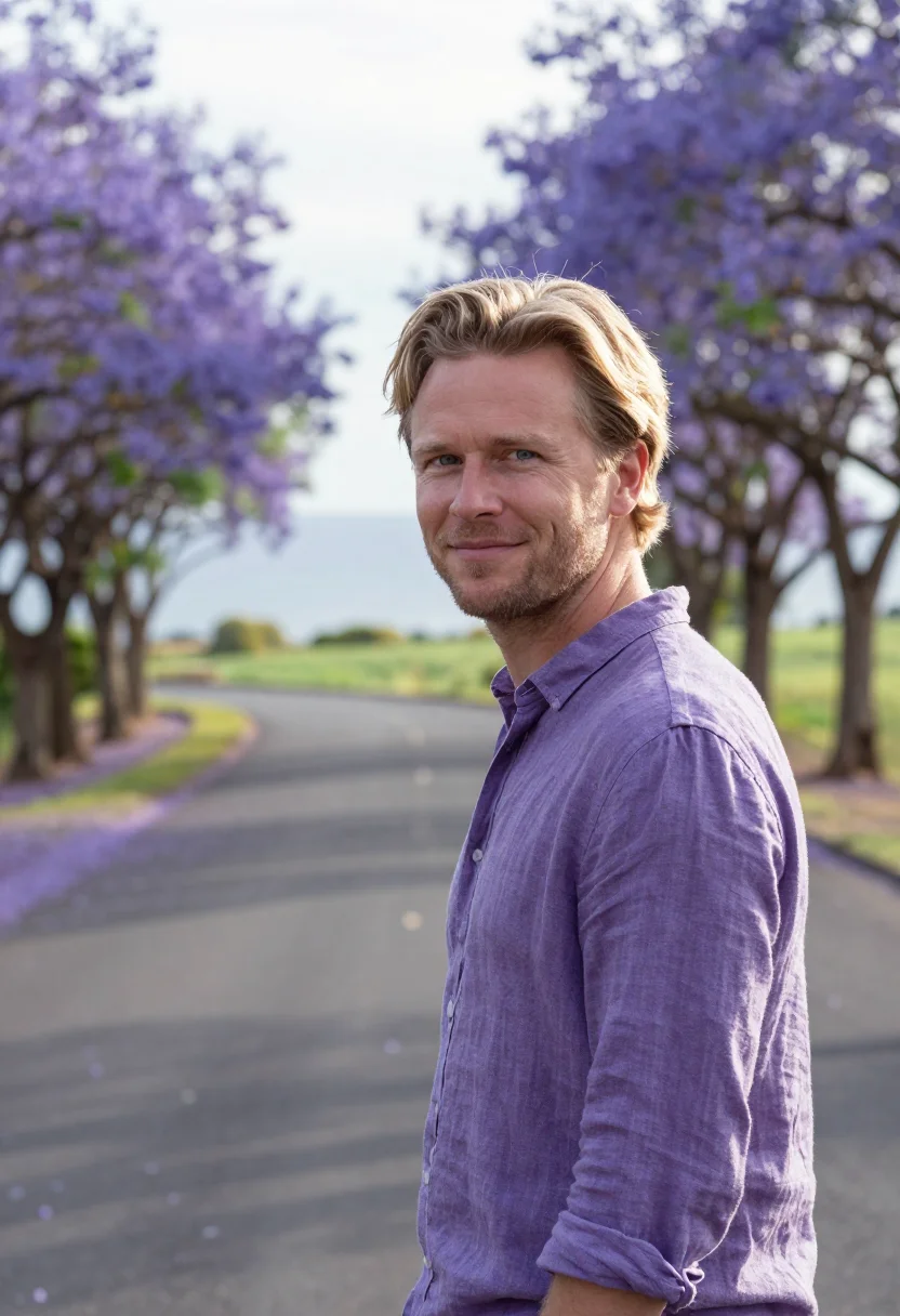 AI maui upcountry jacaranda may violet sample — portrait of a man, a Swedish traveller in his early thirties