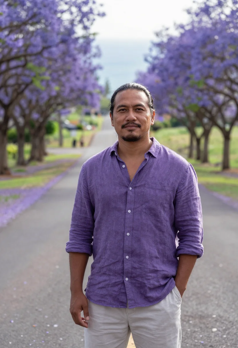 AI maui upcountry jacaranda may violet sample — portrait of a man, a Native Hawaiian traveller in his mid-fo
