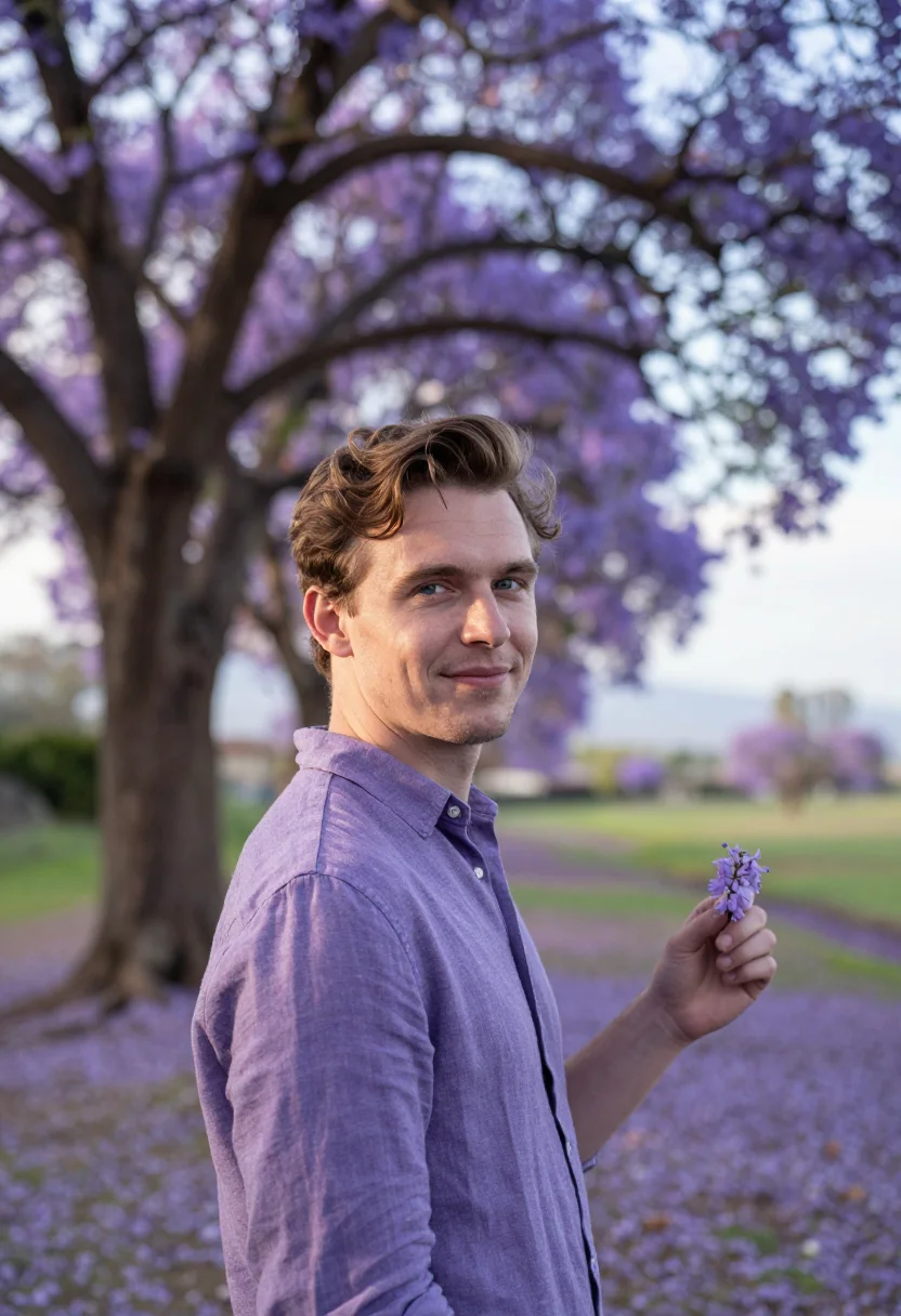 AI maui upcountry jacaranda may violet sample — portrait of a man, an English traveller in his late twenties