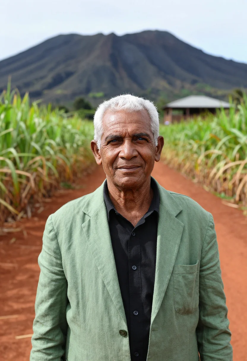 AI mauritius sugar estate director cane green volcanic sample — portrait of a man, a Franco-Mauritian sugar estate director