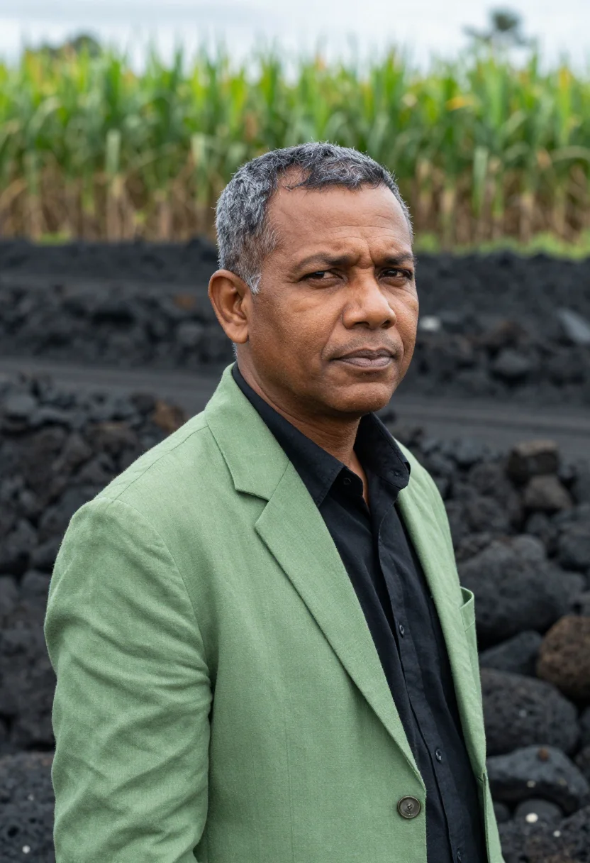 AI mauritius sugar estate director cane green volcanic sample — portrait of a man, a Sino-Mauritian sugar estate director in
