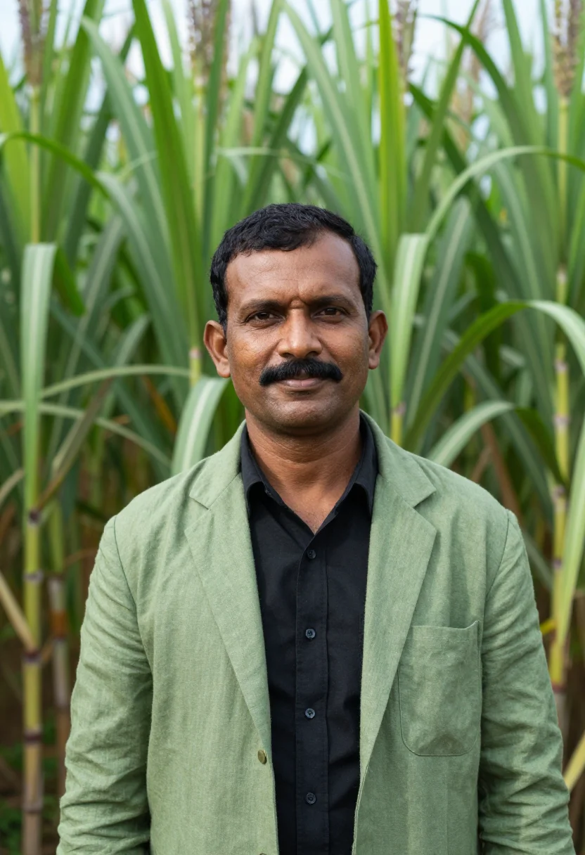 AI mauritius sugar estate director cane green volcanic sample — portrait of a man, an Indo-Mauritian sugar estate director i