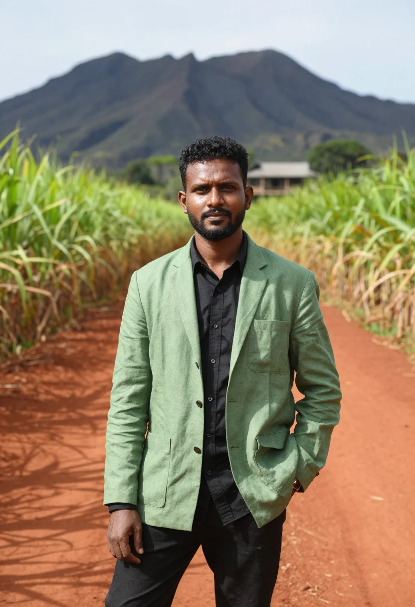 AI mauritius sugar estate director cane green volcanic sample — portrait of a man, an Indo-Mauritian sugar estate director i