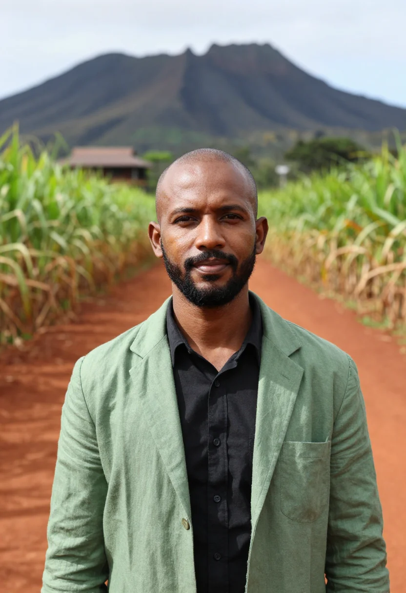 AI mauritius sugar estate director cane green volcanic sample — portrait of a man, a Mauritian Creole sugar estate director