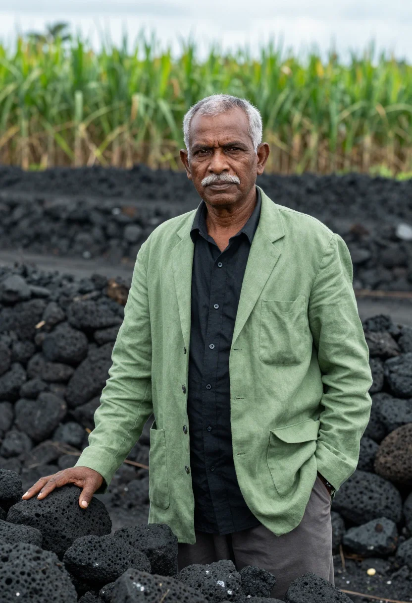 AI mauritius sugar estate director cane green volcanic sample — portrait of a man, an Indo-Mauritian sugar estate director i