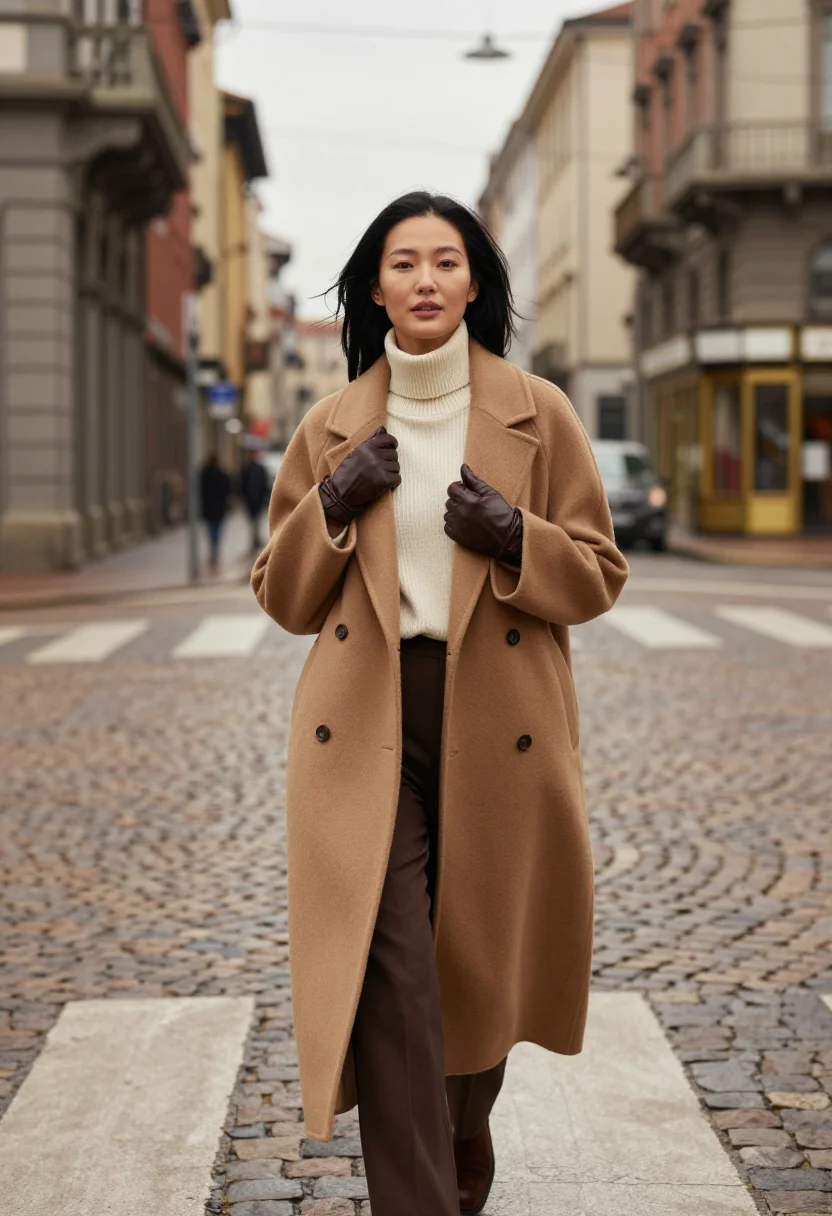 AI max mara camel sample — portrait of a woman, waist-up portrait of a Korean-Italian w