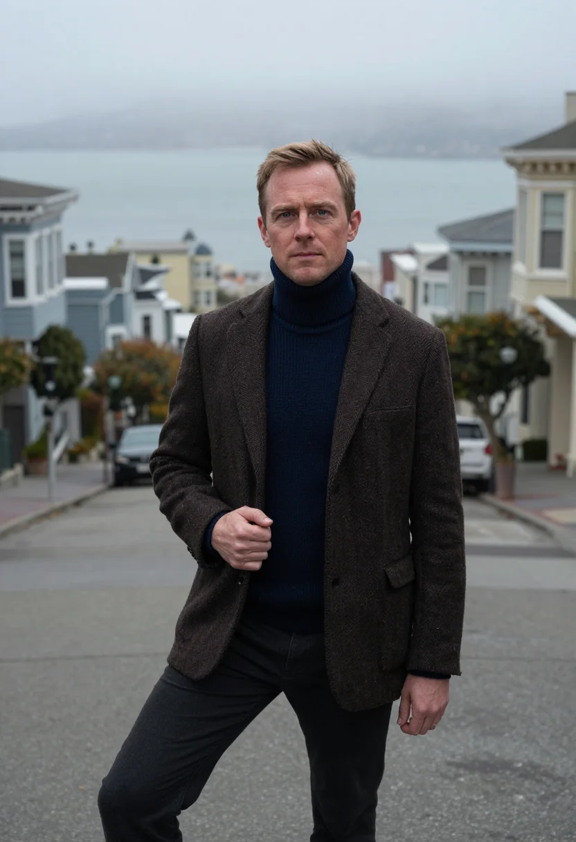 AI mcqueen bullitt san francisco navy sample — portrait of a man, framed three-quarter length from the head