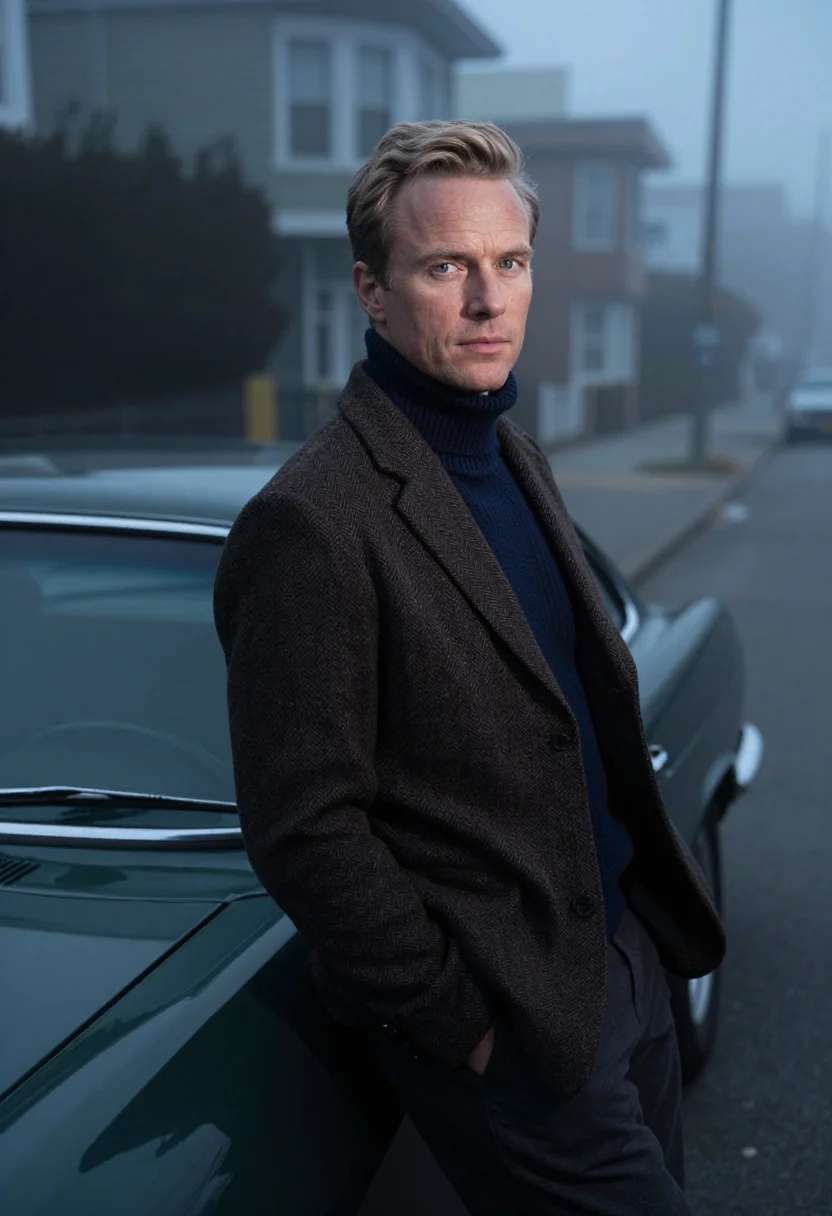 AI mcqueen bullitt san francisco navy sample — portrait of a man, framed tight, head and shoulders, the bod