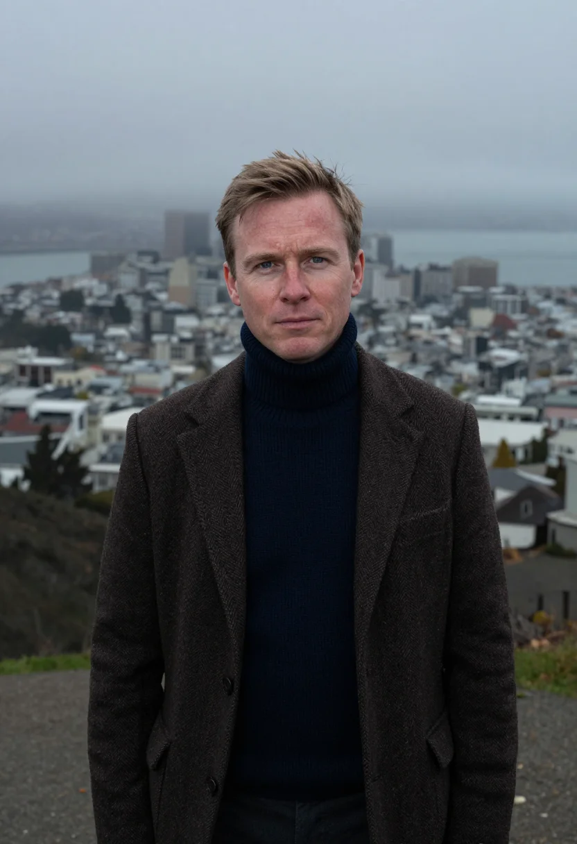 AI mcqueen bullitt san francisco navy sample — portrait of a man, framed tight, head and shoulders, the bod