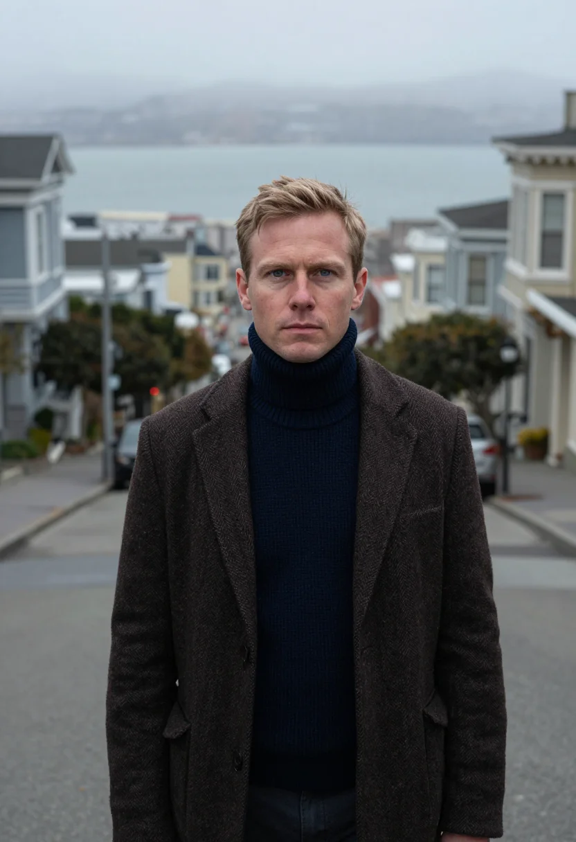 AI mcqueen bullitt san francisco navy sample — portrait of a man, framed tight, head and shoulders, the bod
