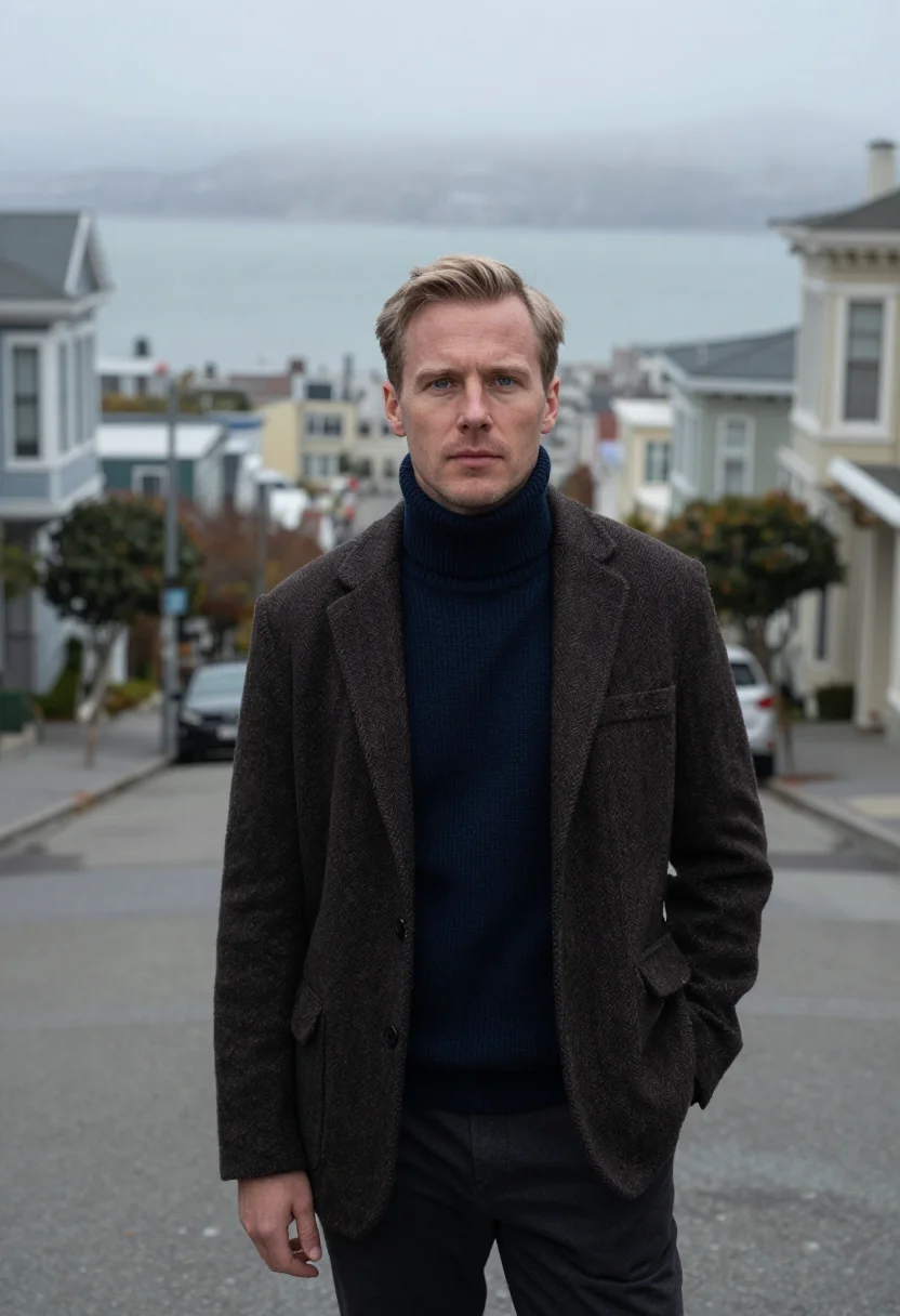 AI mcqueen bullitt san francisco navy sample — portrait of a man, framed chest-up, cropped at the ribs, the