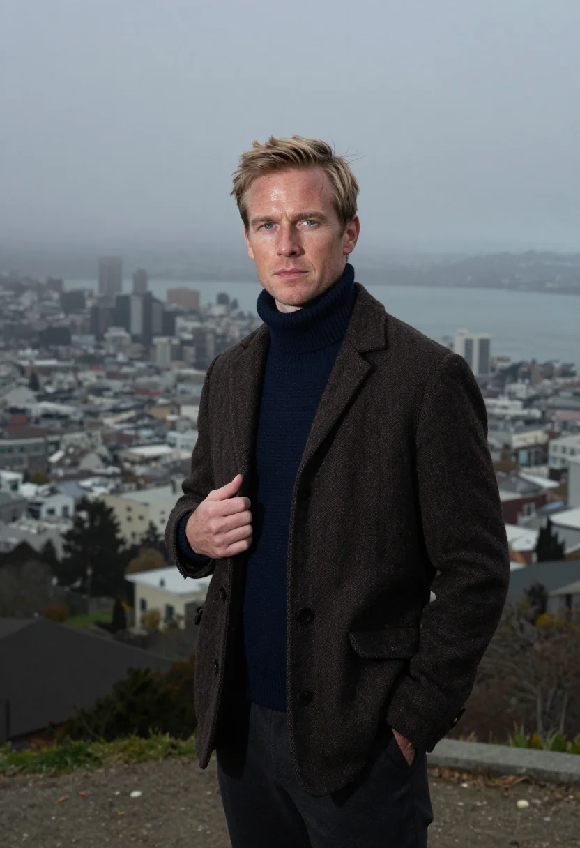 AI mcqueen bullitt san francisco navy sample — portrait of a man, framed chest-up, cropped at the ribs, the