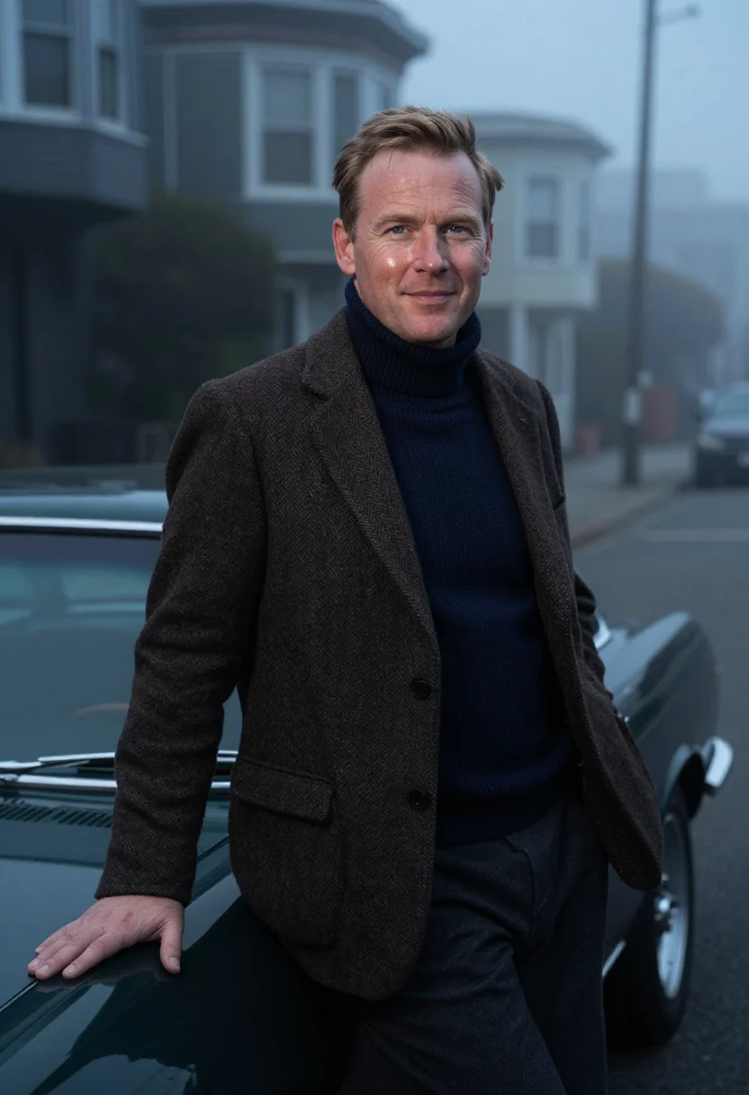 AI mcqueen bullitt san francisco navy sample — portrait of a man, framed chest-up, cropped at the ribs, the