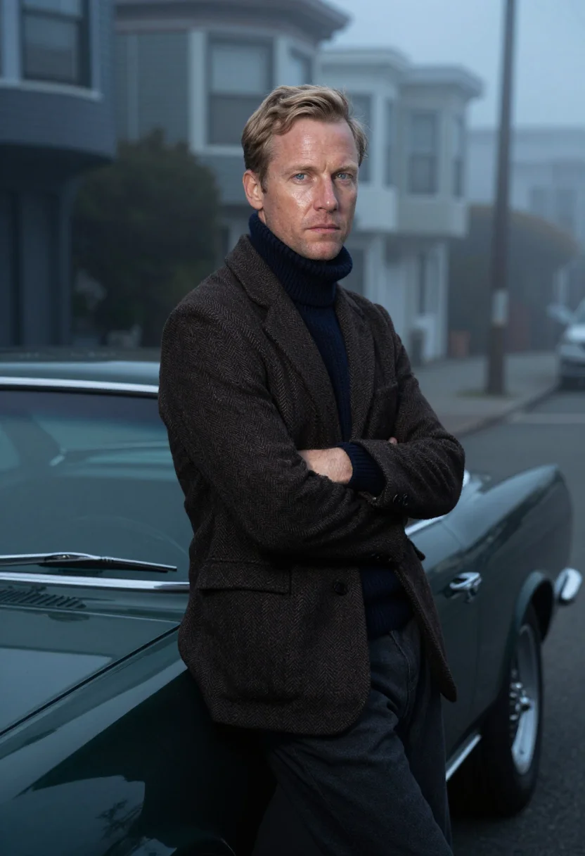 AI mcqueen bullitt san francisco navy sample — portrait of a man, framed half-length from the head to the h