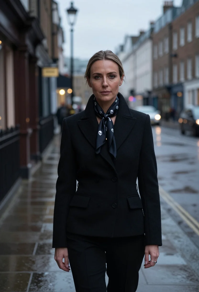 AI mcqueen savile row skull scarf black silver sample — portrait of a woman, an English woman in her mid-forties wit